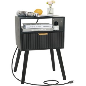 Mid Cetury Modern Nightstand with Charging Station, Fluted Bedside Table with Storage - 1 of 4