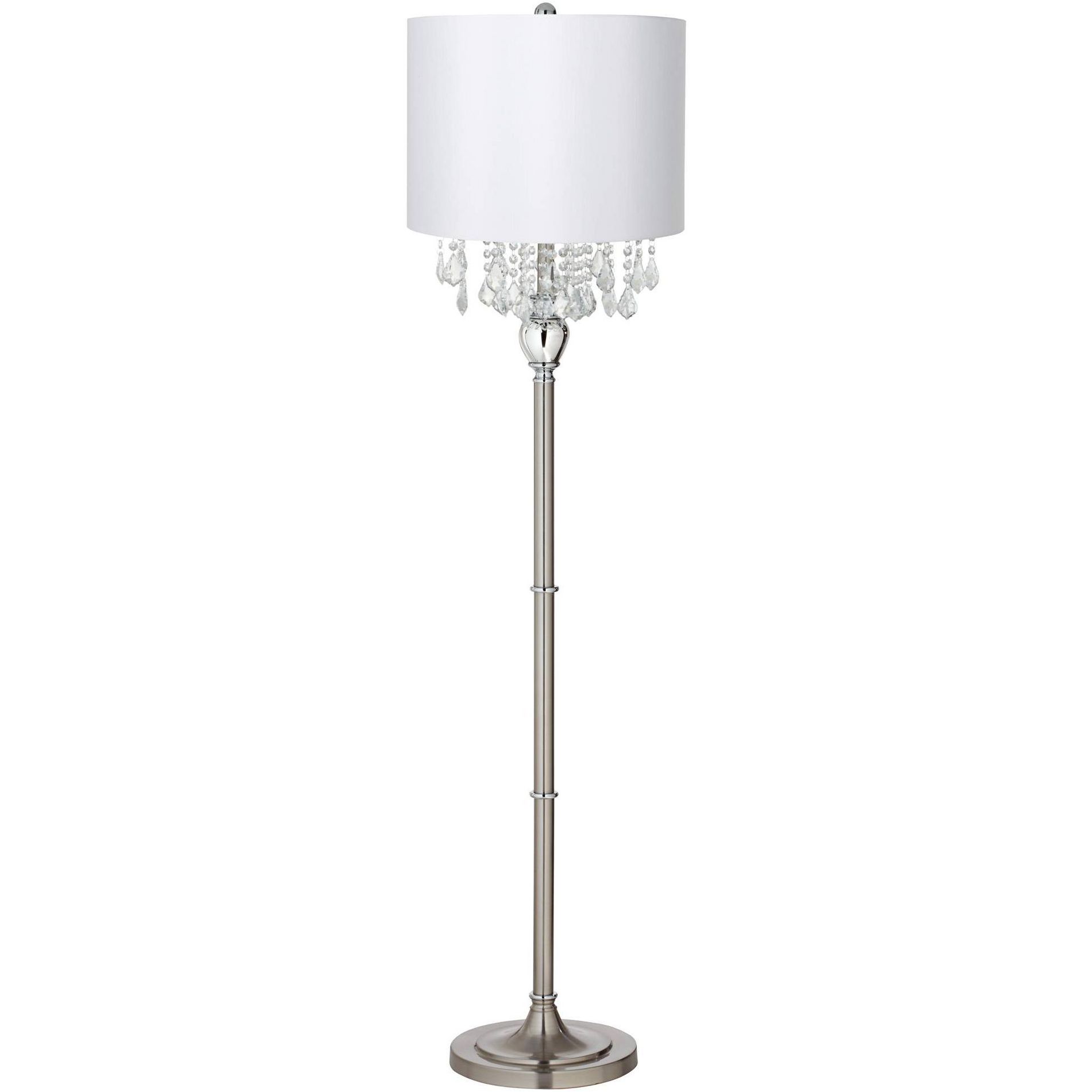 360 Lighting Crystals Traditional 60 1/2" Tall Standing Floor Lamp Foot Switch Silver Metal Satin Steel Finish Living Room Bedroom Drum White Shade