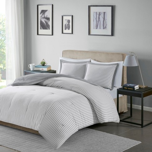 gray and white striped comforter set
