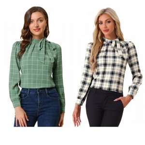 INSPIRE CHIC Women's Bow Tie Neck Keyhole Back Grid Checks Office Work Blouses 2 Packs - 1 of 4