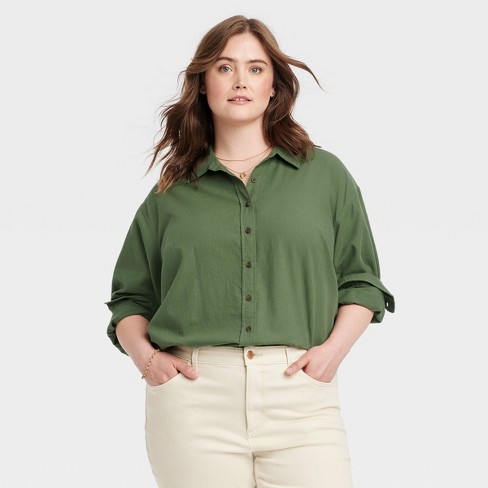 Women's Long Sleeve Oversized Button-Down Shirt - Universal Thread™ Green 1X
