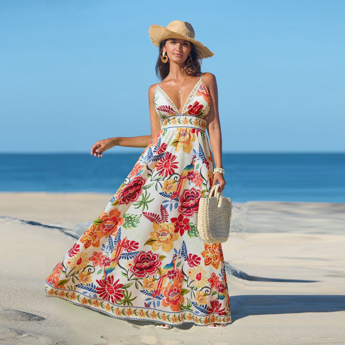 Cupshe Women's Vibrant Floral Print Maxi Dress for Beach Getaways-M-Multicolored