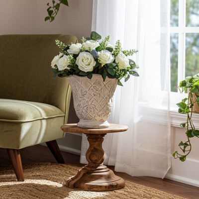 Planter Terracotta Embossed Floral Design with Antique Texture for Home and Garden Use - 9" Tan