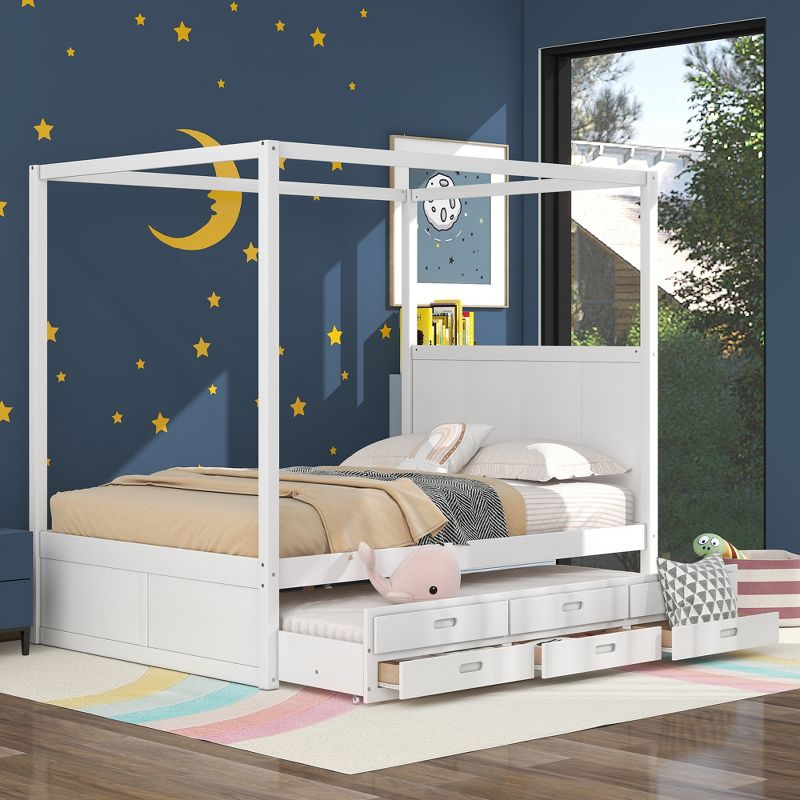 Queen Size Canopy Platform Bed with Twin Size Trundle Bed and Three Storage Drawers-ModernLuxe, 2 of 10