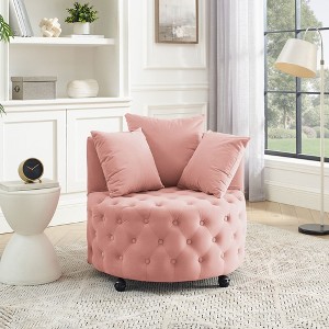 Velvet Upholstered Swivel Chair for Living Room, with Button Tufted Design and Movable Wheels, Including 3 Pillows, Black - 1 of 4