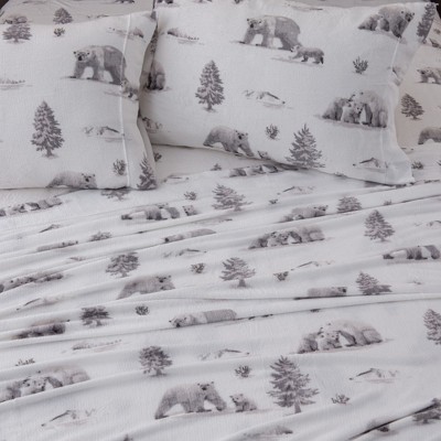 Twin White Polyester Velvet Plush Sheet Set with Polar Bear Print