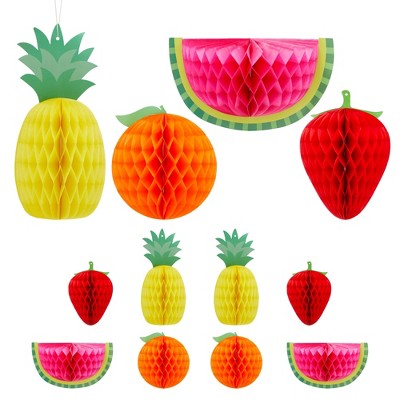 Sparkle and Bash 12 Pieces Hanging Honeycomb Fruit Party Decorations for Twotti Fruity 2nd Birthday, Tropical Summer Luau