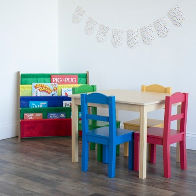 Natural Wood Kids Table with Multicolor Chairs Set