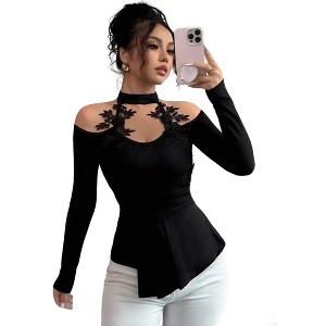 Women's Long Sleeve Shirt Slim Fit Cold Shoulder with Choker Neck Embroidered Floral Applique Ruched Hem - 1 of 4