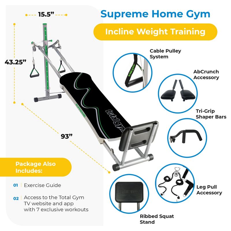 Total Gym Supreme Alloy Steel Foldable Home Gym Equipment with Ab Crunch, Tri Grip Shaper Bars, and Squat Stand Supports up to 275 Pounds, Black, 3 of 7