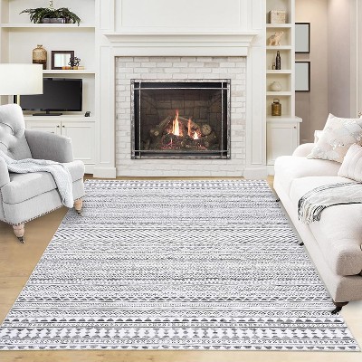 Boho Area Rug, Neutral Black Low Pile Washable Carpet, Non-Slip Non-Shedding Indoor Rug for Living Room, Bedroom, Kitchen, Bathroom