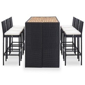 vidaXL Patio Bar Set with 7 Pieces - Sturdy and Elegant Black Poly Rattan Furniture with Cushions and Acacia Wood Tabletop, Ideal for Outdoor Use - 1 of 4