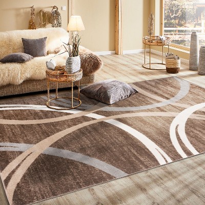 Brown and Beige Abstract Circles Design Area Rug 8'8" x 12'