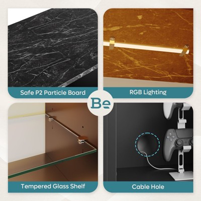 Black Marble 63-inch TV Stand with LED Lights and Glass Shelves