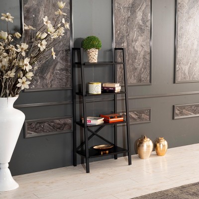 INFURNIC Decorative Bookshelf 5 Tier Ladder Shelf Office Furniture Bookcase Modern Metal Frame Storage, Black, 13"*23"*52"