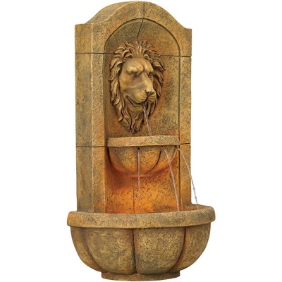 Lion Head Rustic Faux Stone 2-Tier Wall Water Fountain with LED Light