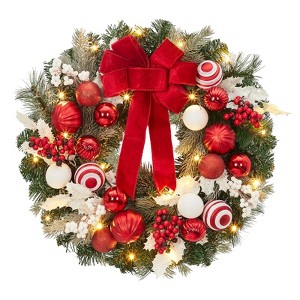 Pre-Lit Christmas Wreath for Front Door, 24 Inch Large Lighted Wreath with Xmas Balls, Red Bow & Berries, Battery Operated Christmas Wreath - 1 of 4
