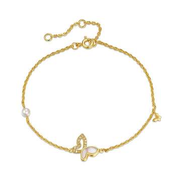 14k Yellow Gold Plated with Mother of Pearl & -Like Cubic Zirconia Butterfly Charm Rope Bracelet w/ Adjustable Extension Chain