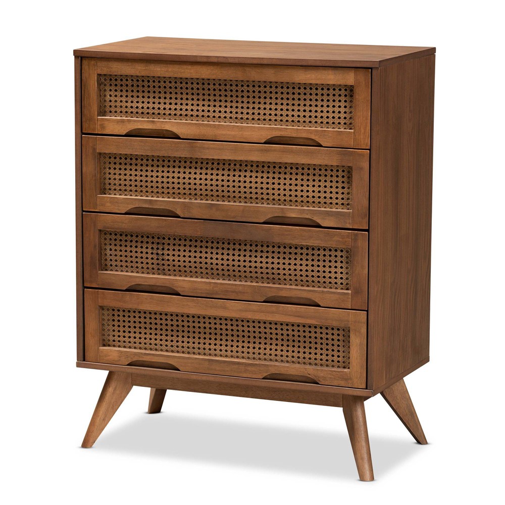 Photos - Dresser / Chests of Drawers Barrett Wood and Synthetic Rattan 4 Drawer Chest Walnut Brown - Baxton Stu