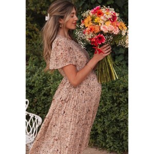PinkBlush Beige Floral Pleated Short Sleeve Chiffon Maternity Midi Dress - 1 of 4