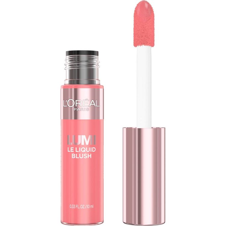 A bottle of L'Oréal Paris Lumi Le Liquid Blush with a pink colored applicator, containing 0.33 fl oz/10 ml.