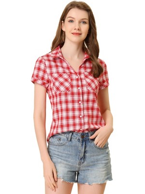 INSPIRE CHIC Women's Classic Short Sleeve Button Down Plaid Shirt