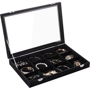 35-Grid Velvet Jewelry Tray with Clear Lid, Drawer Insert Organizer for Earrings & Rings, 13.8x9.5x2 Inches - 1 of 4