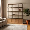 HomeRoots 82" Antiqued Brass And Light Brown Distressed Metal and Solid Wood Three Tier Bookcase with Four Doors - 2 of 4