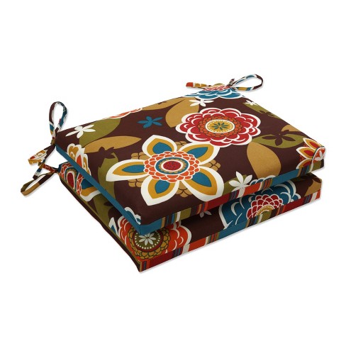 Outdoor 2-Piece Reversible Square Seat Cushion Set - Brown/Turquoise Floral/Stripe - Pillow Perfect - image 1 of 4