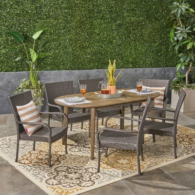 Elderon 7pc Acacia Wood and Wicker Dining Set - Gray - Christopher Knight Home
