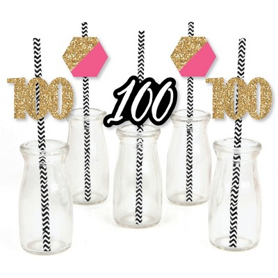 Big Dot of Happiness Chic 100th Birthday - Pink, Black and Gold - Paper Straw Decor - Birthday Party Striped Decorative Straws - Set of 24