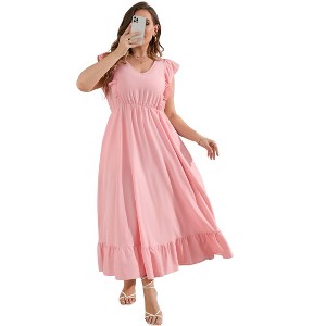 Women's Plus Size Summer Dress with Pocket Ruffle Cap Sleeveless V Neck Side Split Long Beach Maxi Dress,pink,XL - 1 of 4