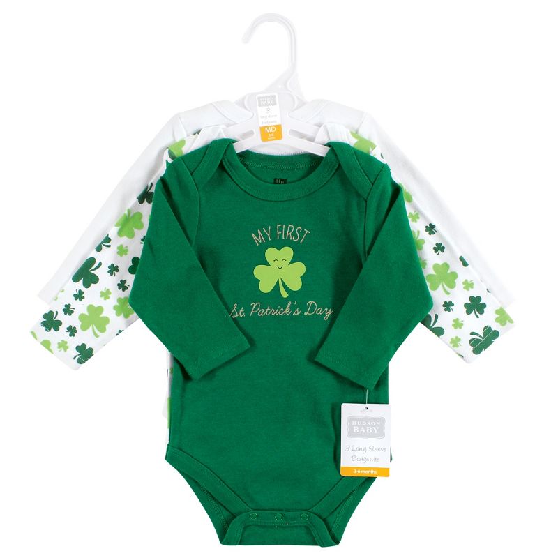 Hudson Baby Infant Girl Cotton Long-Sleeve Bodysuits, St Patricks Rainbow, 2 of 6