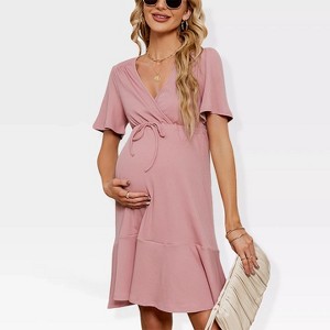 Womens Maternity Dress V Neck Ribbed Knit Short Sleeve Ruffle Dress Wrap Front Tie Dress for Pregnancy Baby Shower Photography - 1 of 4