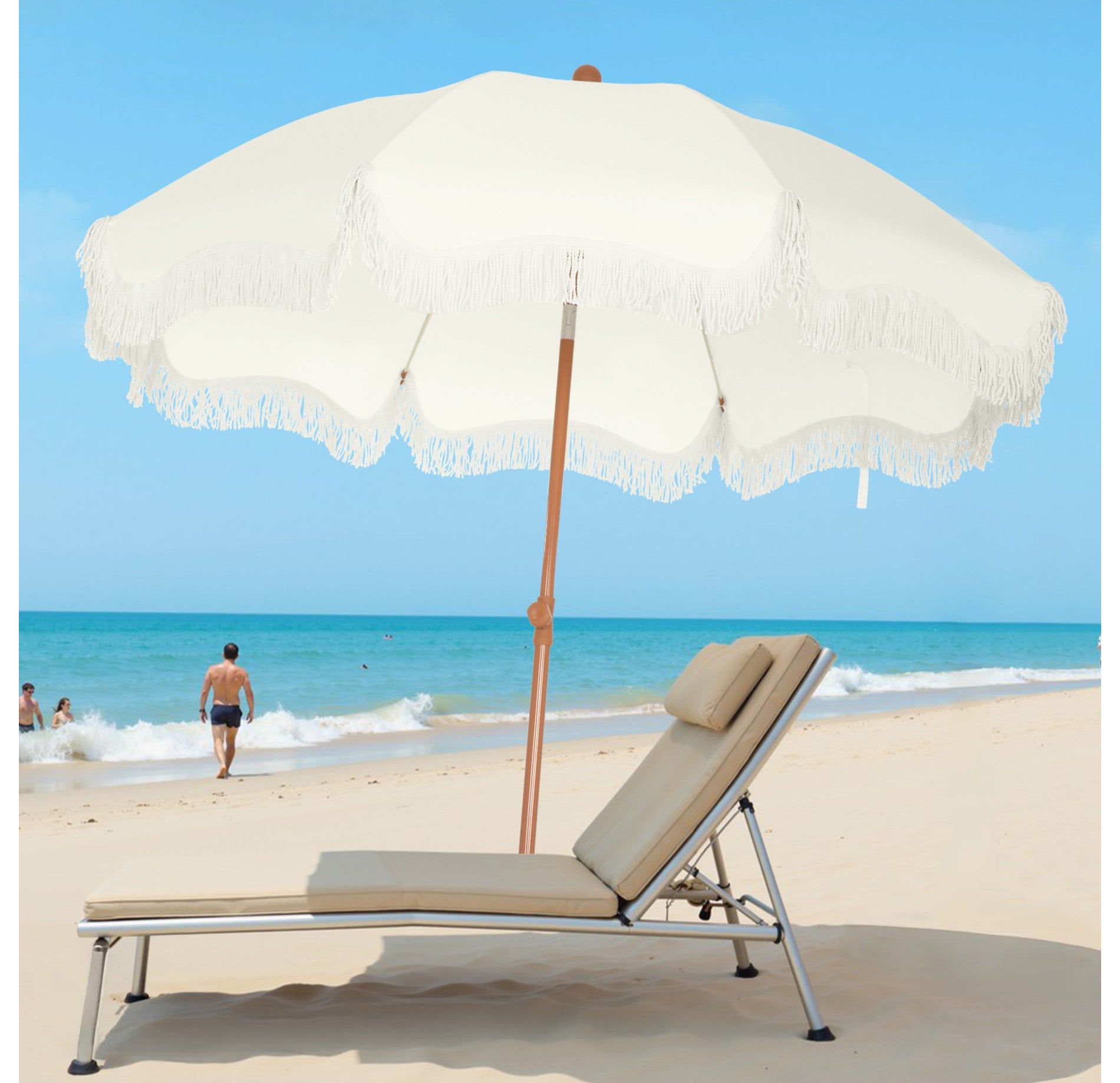 Captiva Designs 7ft Portable Patio Umbrella with Fringe - Stylish Outdoor Shade with UPF 50+ Protection White