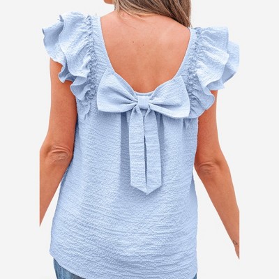 Amaryllis Women’s Ruffle Sleeve Back Bow Textured Woven Top Square Neckline Feminine Fit Soft Lightweight Blouse