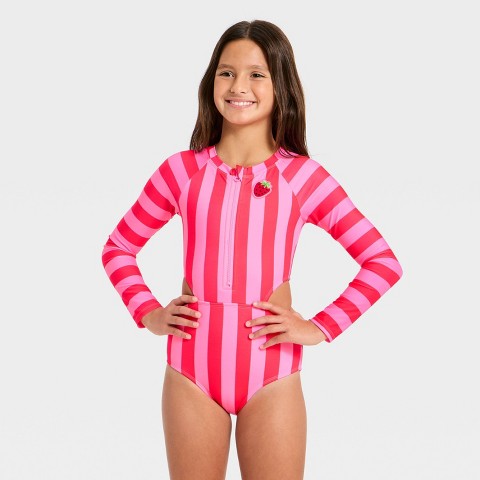 Детские купальники Cat & Jack Girls' Long Sleeve Beach Umbrella Striped One Piece Swimsuit - Cat & Jack™ Pink M