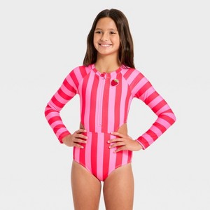 Girls' Long Sleeve Beach Umbrella Striped One Piece Swimsuit - Cat & Jack™ Pink - 1 of 3