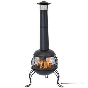 Sunnydaze Outdoor Backyard Patio Steel Wood-Burning Fire Pit Chiminea with Rain Cap and Mesh Sides - 66" - Black - 1 of 4