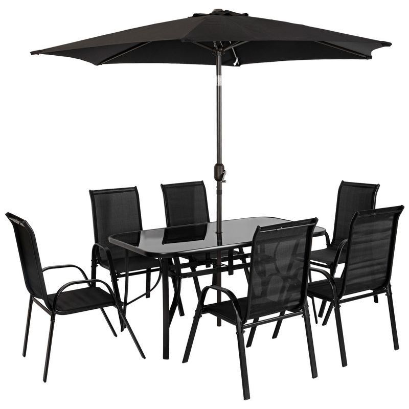Outsunny 8 Piece Patio Furniture Set with Umbrella, Outdoor Dining Table and Chairs, 6 Chairs, Push Button Tilt and Crank Parasol, Glass Top, Black, 4 of 7