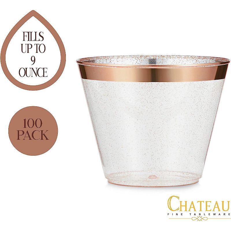 Chateau Glasses 100 Rose Gold Cups 9Oz - Rose Gold Glitter With A Rose Gold Rim - Premium Disposable Party Cups, 2 of 7