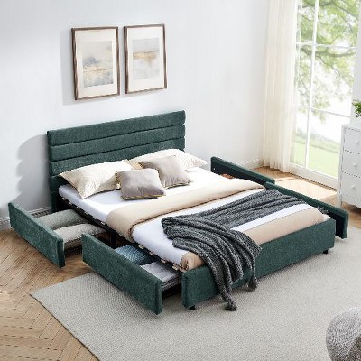 CAVINAS Queen Size Cushioned Bed Frame, Comfortable Upholstered Platform Beds with Headboard and Solid Bed Frame