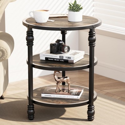 Garvee Round End Table with Storage Shelves, 3-Tier Round Side Table w/ Mental Support Legs, Rustic End Table Nighstand for Living Room Bedroom