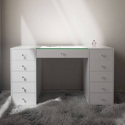 VANITII 51'' Makeup Vanity Desk with Lights 11 Drawers White