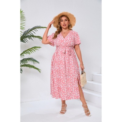 Womens Plus Size Casual Dresses Wrap V Neck Maxi Dress