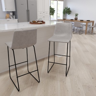 Modern Sled Base Light Gray Faux Leather Bar Stools, Set of 2