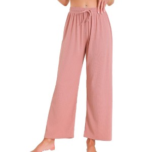 INSPIRE CHIC Women's Wide Leg High Waist Ribbed Knit Casual Bottoms Drawstring Palazzo Pants - 1 of 4