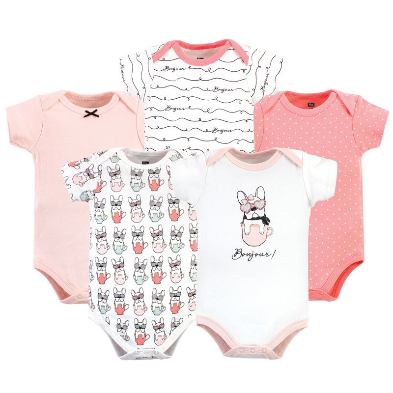 Hudson Baby Infant Girl Cotton Bodysuits 5pk, Bonjour Pink, 1 of 3