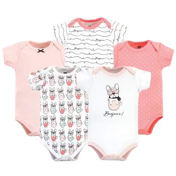 Hudson Baby Infant Girl Cotton Bodysuits 5pk, Bonjour Pink