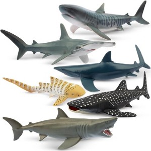 6-Piece Realistic Shark Bath Toy Set, 5-6 Inch Large Plastic Ocean Animal Figurines for Play and Cake Decor - 1 of 4